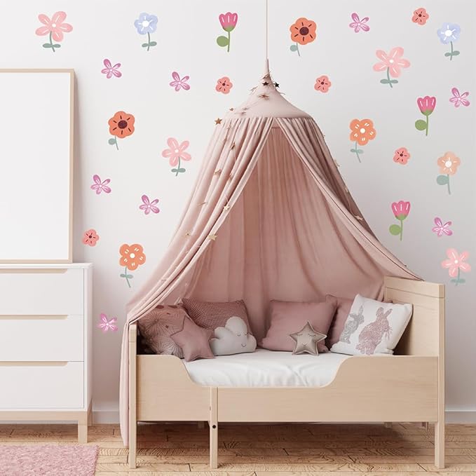 90PCS Pastel Floral Wall Decals – 10 Sheets Peel & Stick Vinyl Wall Stickers (Sizes 2.2"-4.5"), Pastel Removable Boho Aesthetic Flower Wall Art for Nursery, Kids Girls Bedroom, Dorm & Home Decor