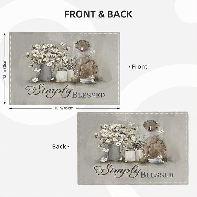 Simply Blessed Placemats Set of 4, Double-Sided Table Mats for Dining Room Home Party Indoor Decor 4 PCS 12x18 Inch