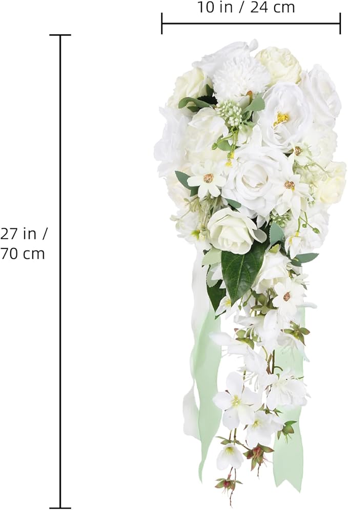 White Wedding Bouquets for Bride,10 Inch Fake Cascading Bridal Bouquet Silk Faux Flowers for Ceremony Anniversary Wedding Bridal Shower(White & Ivory)