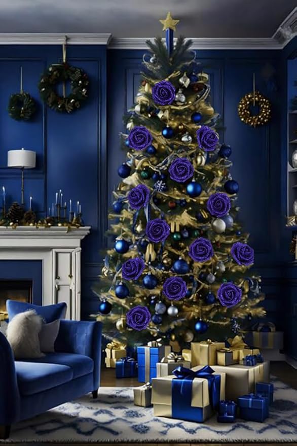 Glitter Blue Roses 30pcs Royal Blue Glitter Roses 2.56" Blue Artificial Roses with Stems Fake Foam Roses for Baby Shower Centerpieces Table Decorations for Party (Royal Blue)