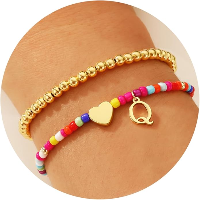 Ritach Christmas Gifts for Teens Girls Kids - 2PCS Colorful Heart Initial Bracelet Stackable Real Gold Plated Stretchable Beaded Bracelets for Teen Girls Kids Birthday Gifts Stocking Stuffers