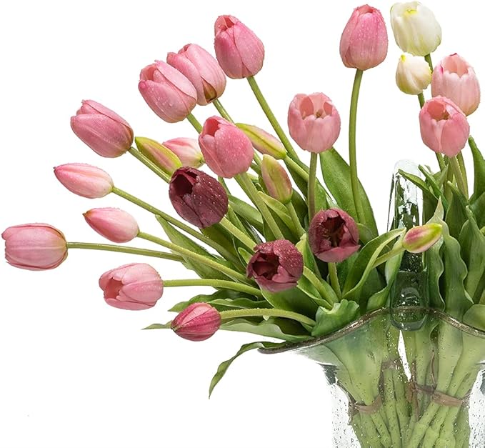 40pcs Artificial Tulips Flowers Real Touch Fake Latex Bouquet for Wedding Party Office Home Kitchen Decoration(Light Purple Suit 40pcs)