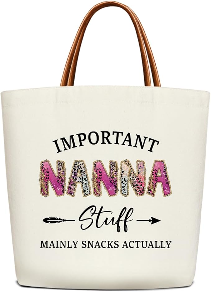 Canvas Tote Bag for Women, Important Stuff Bag with Leather Handle, Reusable Grocery Bags for Shopping Beach Travel