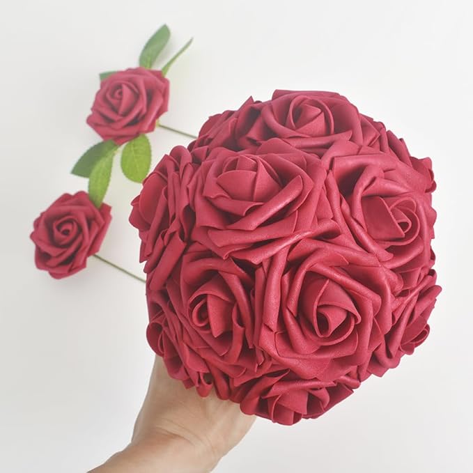 homEdge Artificial Rose, 25pcs Foam Artificial Flowers with Stem for Home Decorations, Wedding Bouquets, Party, Certerpieces, Anniversaries-Burgundy