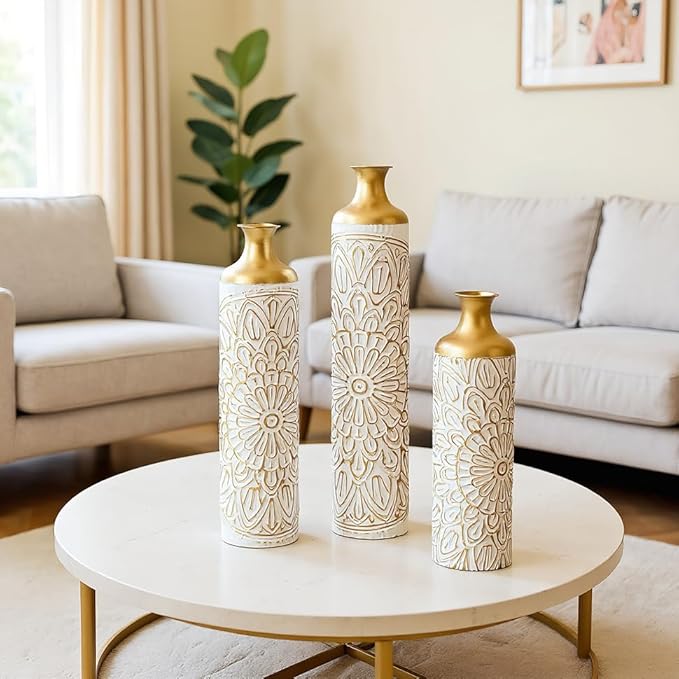 Floor Oversized Gold Metal Decorative Vase with 3D Triangle Pattern Set of 3 Large Vases for Home Living Room 33.5 ", 29.5 ", 25.2" High (White+Matte Gold)