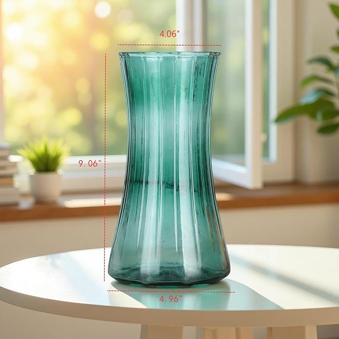 9 in.Tall Mint Green Glass Flower Vase - Modern Ribbed Hourglass Shape,Wide Opening Decor for Home Living Room, Dining Table, Wedding Gift