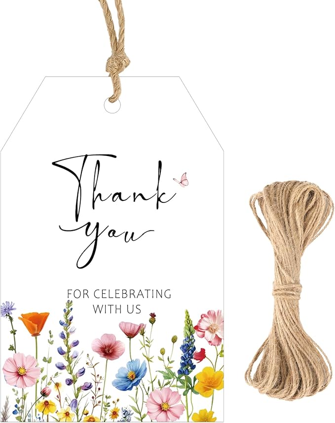 G2PLUS 50Pcs Wildflower Thank You Tags - Floral Gift Tags with String, Thank You for Celebrating with Us Tag, White Paper Party Favors Hangtag for Wedding, Baby Shower, Bridal Shower, Birthday