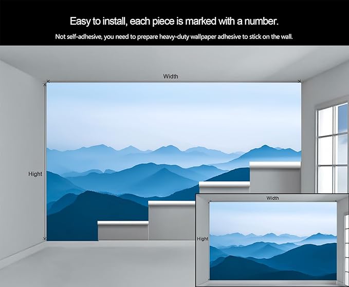 Minimalist Blues Mountain Wall Mural, Misty Layered Hills 3D Wall Murals, Serene Misty Mountains Wallpaper Mural, for Living Room Bedroom Large Wallpaper Indoor Decor 177.16" W x120 H