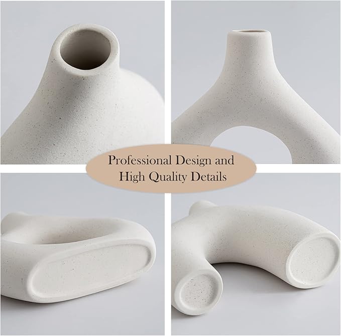 White Ceramic Vase Set of 2 for Modern Home Decor, Round Matte Donut Vases for Pampas Grass, Neutral Boho Nordic Minimalism Style Flower Vases for Living Room Wedding Table Party Office Bedroom