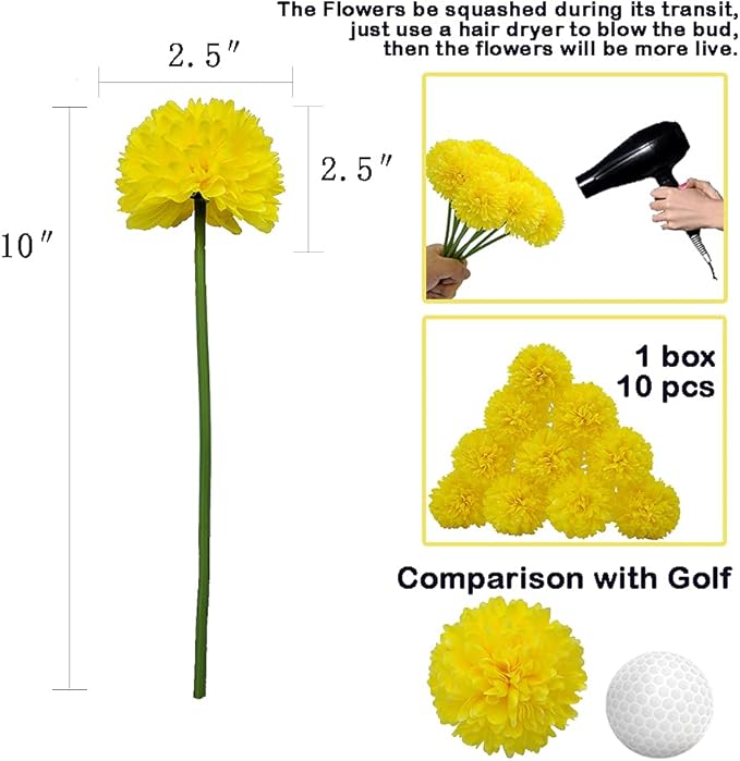 10Pcs Artificial Fake Flower Plants Silk Chrysanthemum Ball Hydrangea Arrangements Wedding Bouquets Decor Home Kitchen Garden Party Table Floral Centerpieces DIY (Yellow)