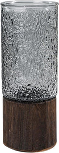 Wooden Vase, Glass Vase with Wooden Base Cylindrical Flower Vase, Classic Boho Rustic Style for Fireplace Bedroom Kitchen Living Room Centerpieces Office Desk, 10" H (Cold Grain)