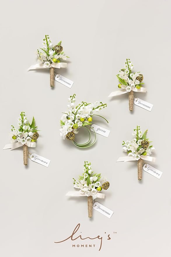 Ling's moment Boutonniere for Men, 6pcs Groom Groomsmen Boutonniere, Artificial Flowers for Wedding Decor/Prom/Homecoming, etc.White Lily & Olive
