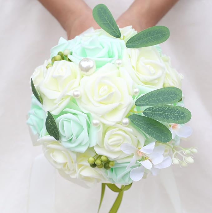 Lightweight Bridal Wedding Bouquet Round Holding Bouquet Throw Toss Artificial Rose Flower Bunch for Bride Bridesmaid Wedding Quinceanera (Cream & Light Cyan, 7.9")
