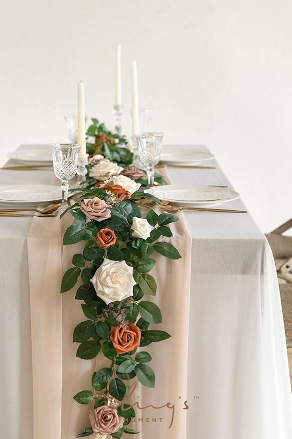 Ling's moment 5FT Terracotta Artificial Flower Garland Rust Rose Leaves Floral Garland Ivory Orange Arch Flowers Vine for Wedding Party Backdrop Decor Mantel Home Table Centerpieces Wall Decorations