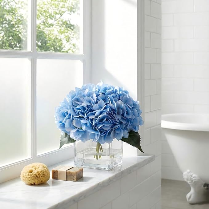 Silk Blue Artificial Hydrangea in Vase with Faux Water, Silk Flower Arrangements in Vase for Home Decor, Wedding Table (Blue)