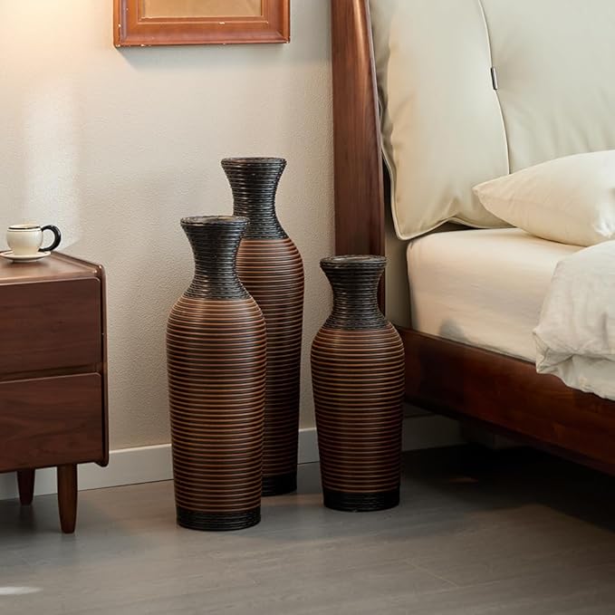 Floor PVC Decorated Vases Set of 3 for Gorgeous Home Decoration Large Classic PVC Vases 19.6in/23.6in/27.5in Height (Black+Brown)
