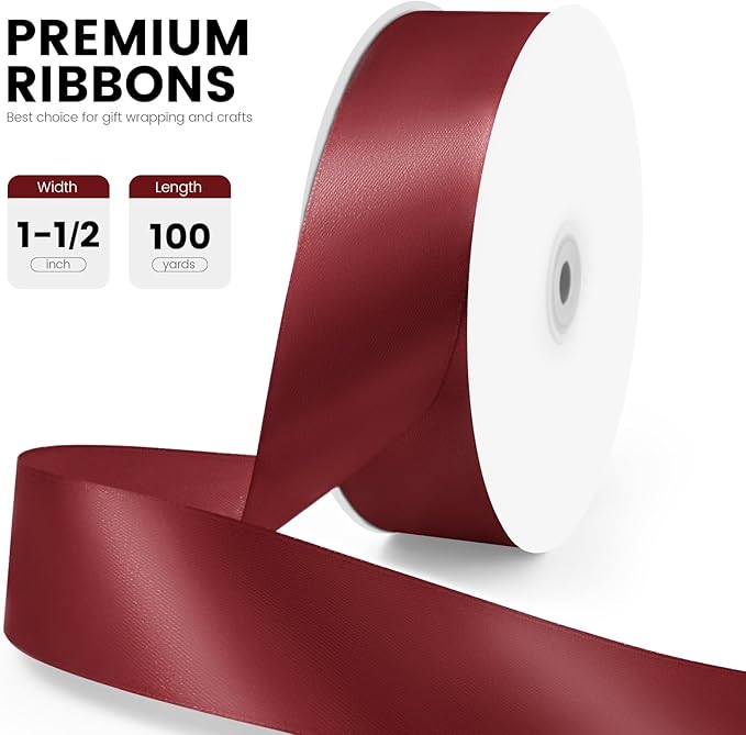 1-1/2" x 100 Yards Satin Ribbon - Wide Silk Wine Red Ribbon with Spool - Ideal for Gift Wrapping, Floral Bouquets, Crafts, Wedding Party Decorations, Christmas and Sewing Projects