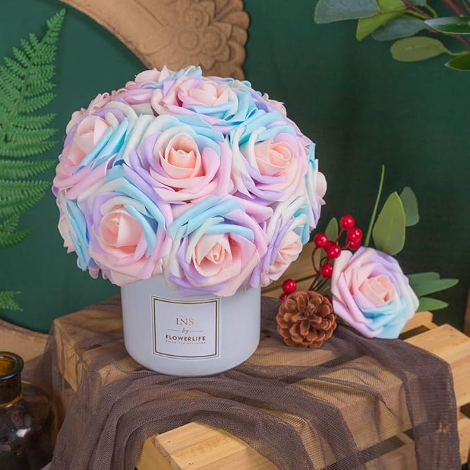 N&T NIETING Artificial Flowers, 25Pcs Fake Flowers Roses Perfect for DIY Wedding Bouquets Centerpieces Bridal Shower Party Home Flower Arrangement Decorations, Rainbow Color