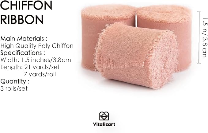 Vitalizart Rose Gold Handmade Chiffon Silk Ribbon Fringe 3 Rolls 1.5" x 21 Yd Frayed Edges Ribbons for Wedding Invitations Bridal Bouquets Gifts Wrapping Crafts Holiday Decor