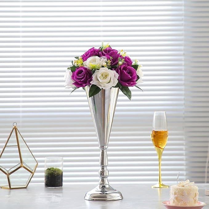 2 Pcs Metal Wedding Flower Trumpet Vase Table Decorative, Wedding Decorations for Reception, Home Decor, Large Party Event Decoration Silver