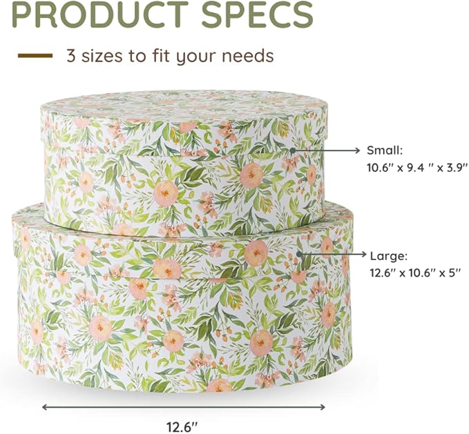Soul & Lane Wild Flowers Oval Storage Boxes for Home Décor - Set of 2: Floral Gift Boxes with Lids for Presents, Decorative Photo Storage Cartons, Stackable Paperboard Containers for Organizing