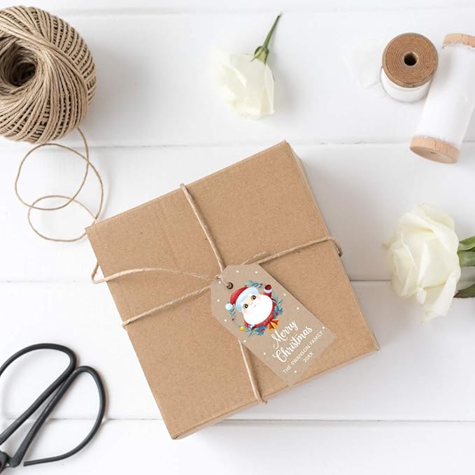 Andaz Press Personalized Christmas Holiday Season Classic Gift Tags, Merry Christmas Santa with Christmas Wreath Design, Custom Family Name and Year, for Holiday Events, Parties, and Favors, 60-Pack