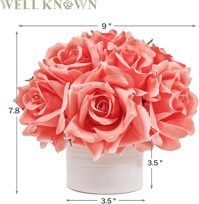 Artificial Rose Bouquet in Ceramic Vase, Silk Flower Arrangement in Pot, Real Touch Fake Flowers with White Vase for Wedding Home Centerpiece Coffee Table Bathroom Anniversary Decor & Gift (Coral)