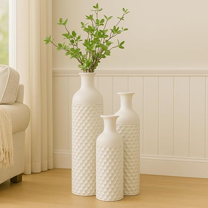 Leewadee Set of 3 Large Floor Vases – Decorative Tall Metal Vases in White (27/20/16 inches) – Elegant Home Decor for Stylish Interiors