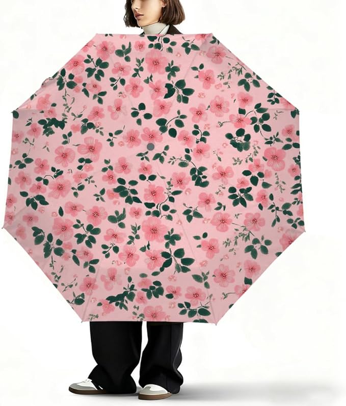 Windproof Travel Umbrella Flowers Florals Seamless Print Compact Auto Open/Close Folding Umbrellas for Rain