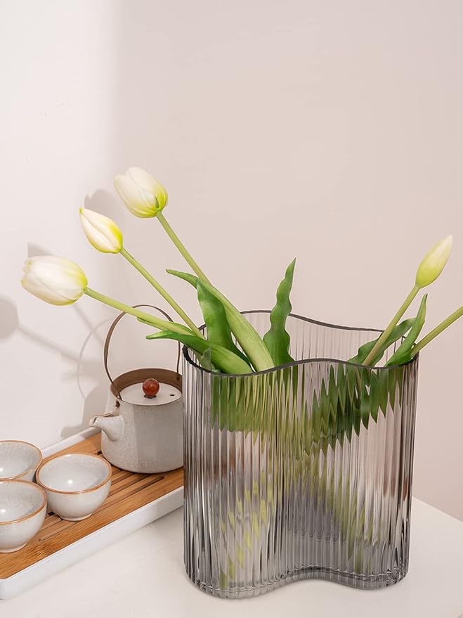 Glass Vase for Centerpieces,Modern Large Vase for Flowers,Footprint Shape Striped Bottle for Home,Office Restaurant Desk Decor 8.3 Inch(Gray)