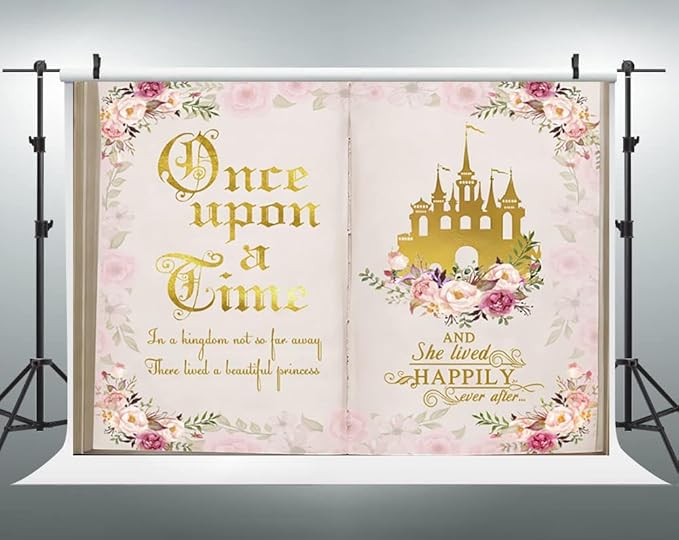 10x6.5ft Once Upon a Time Backdrop Fairy Tale Books Pink Floral Princess Castle Photography Background Romantic Wedding Birthday Party Banner Decorations Cake Table Decor