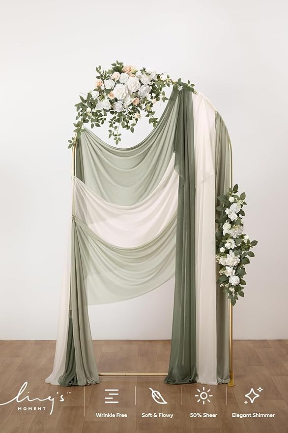 Ling's moment Wedding Arch Draping Fabric 3 Panels 20Ft Sage Green Chiffon Fabric,Sheer Hanging Drapes Arrangement for Wedding Ceremony Backdrop Outdoors Party Swag Home Decor (White & Sage)