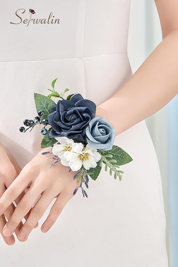 Serwalin Dusty Blue Corsage and Boutonniere Set 2pcs, 6-7inch Boutonniere and Wrist Corsage Wristband Prom Flower Wedding Flowers Accessories Prom Suit Decorations Cake Tppper