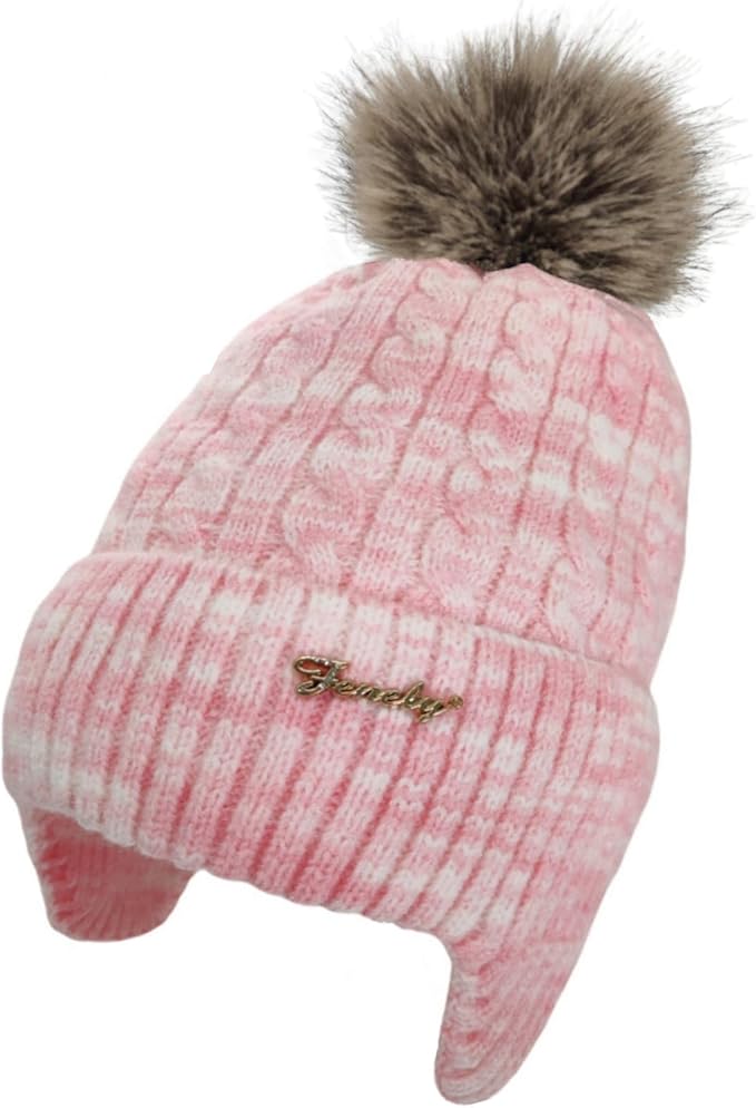 FENELY Women's Knitted Warm Beanie Winter Hat, Warm Chunky Snow Hat with Pompom