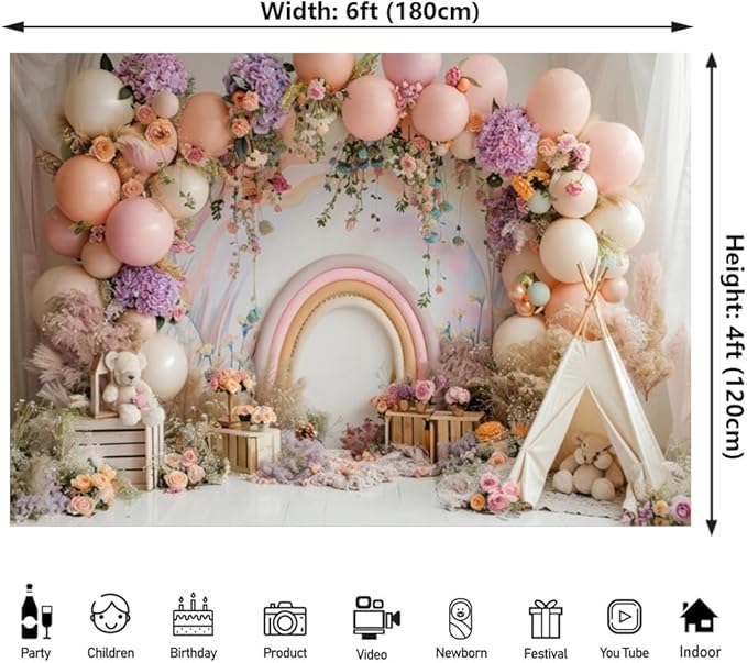 Newborn Baby 1st Birthday Photography Backdrop - Balloons Tent Flower Decor Background for Kids Birthday Party Baby Shower Portrait Cake Smash Props (6x4ft)