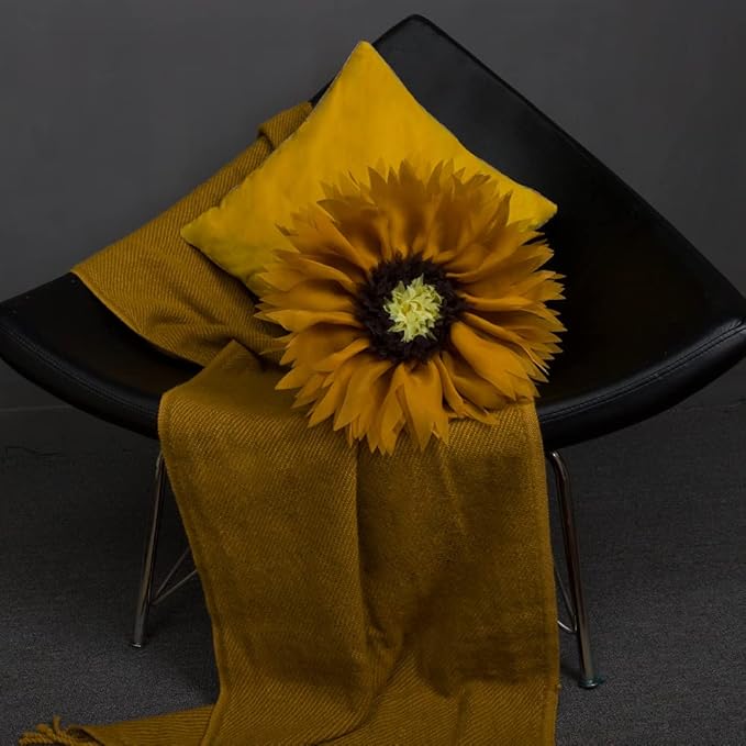 Mustard Yellow 3D Sunflower Pillow Decorative Round Throw Pillow Handmade Cute Soft Accent Pillowcase Cushion for Bed Couch Living Room Bedroom Home Boho Christmas Farmhouse Decor Gift 14Inch