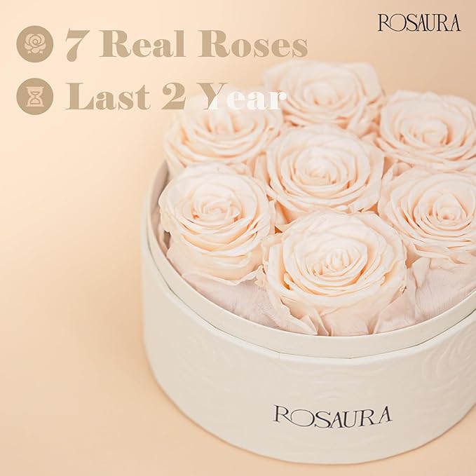 Rosaura Round Preserved Roses Gift Box - Real Forever Flowers for Birthday, Valentine's & Mother's Day (Champagne, 7 Roses)