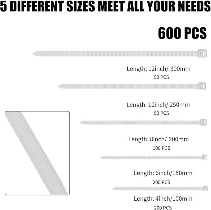 Cable Zip Ties,600 Piece Self-Locking Nylon CableTies,Assorted Sizes 4+6+8+10+12-Inch,Multi-Purpose Wire Management Plastic Ties,Perfect for Home,Garden,Office,Travel and Workshop.White