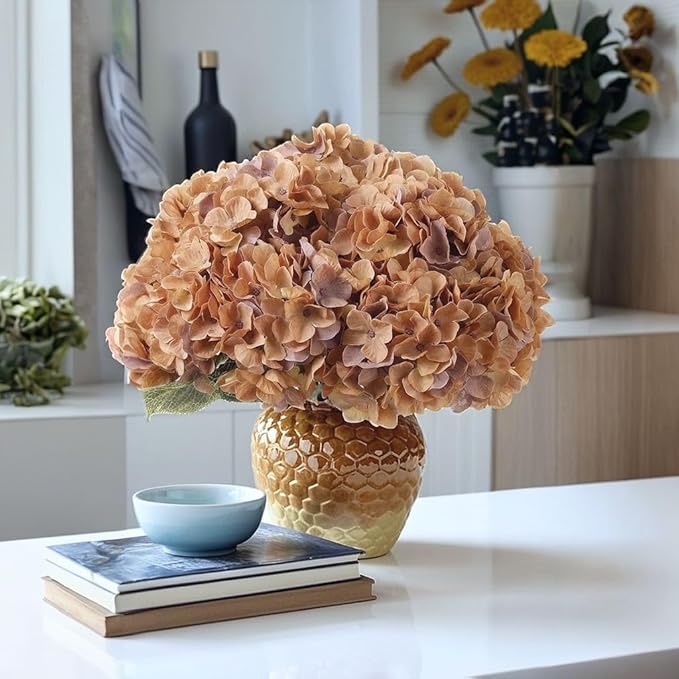 2Bouquets Artificial Fake Flowers Plants Silk Hydrangea Arrangements Wedding Bouquets Decorations Plastic Floral Home Kitchen Garden Party Festival Bar DIY(Brown Yellow)