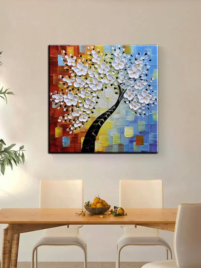 YaSheng Art -3D handmade paintings textured wall art Oil Painting On Canvas white Flowers Paintings Modern Home living room Wall Art Abstract canvas art picture Ready to hang 30x30inch