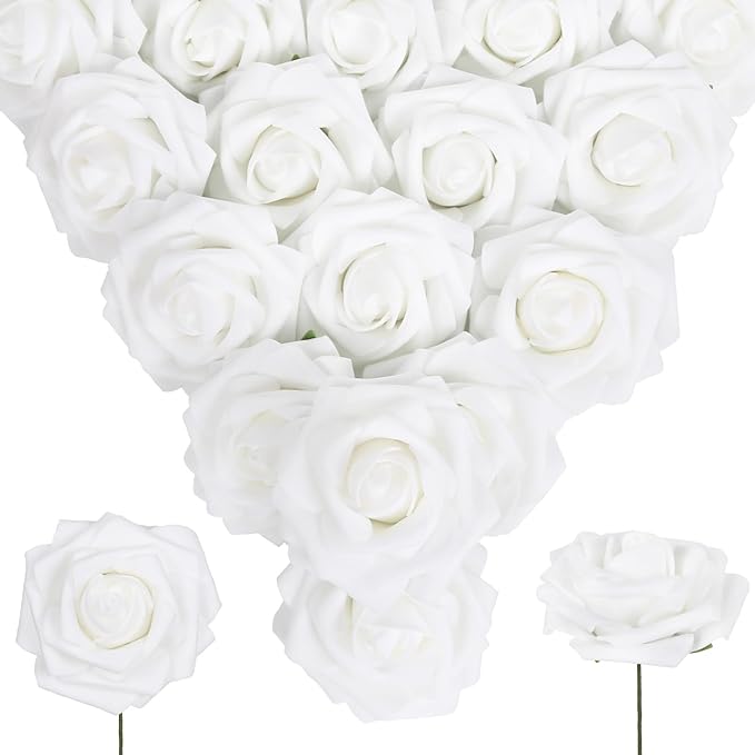 White Foam Roses 50PCS Artificial Flowers with Stems 2.95" White Artificial Roses Realistic Fake Roses Flowers for Baby Shower Centerpieces Wedding Bouquets Home Table Decor