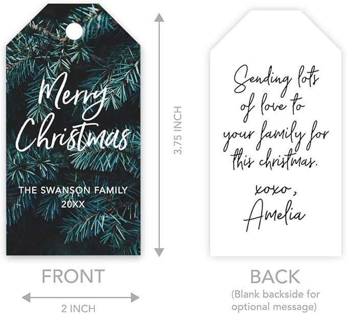 Andaz Press Personalized Christmas Holiday Season Classic Gift Tags, Merry Christmas Custom Family Name and Year, Christmas Tree Branch Design, for Holiday Events, Parties, and Favors, 60-Pack