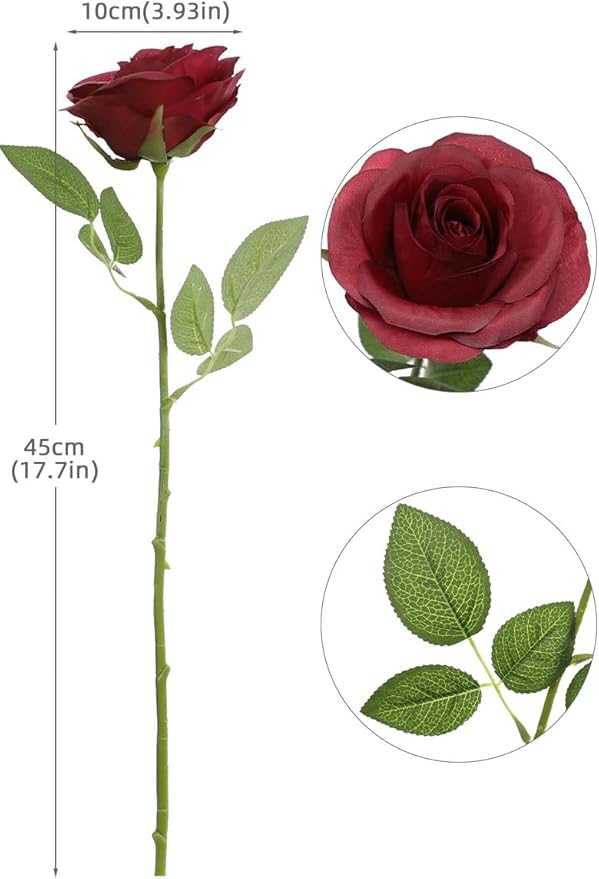 Artificial Rose Flower Artificial Flowers Flower with Long Stem Silk Roses Bouquet for Wedding Bridal Shower Party Home Decoration (Burgundy, 50 Pcs)