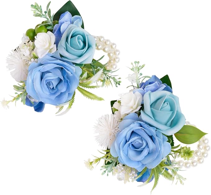 TINGE TIME Set of 2 Wrist Corsage Bracelets Pearl Wristlet Band Bridesmaid Bracelet for Wedding Ceremony Bridal Shower Wedding Artificial Flower Prom (Provence Blue)