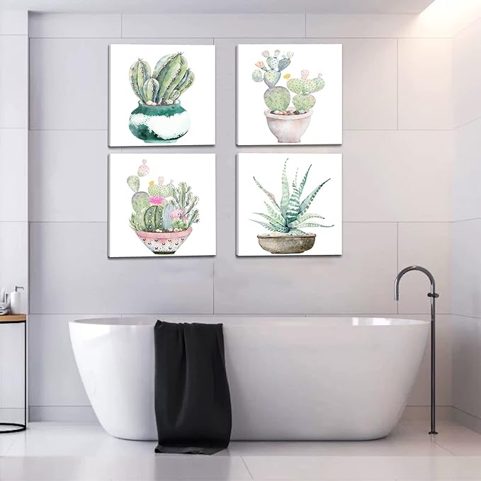 Succulent Plants Bathroom Decor Wall Art, Green Cactus Pictures Canvas Print, Botanical Paintings for Bedroom Living room Office Decoration - 16" X 16"