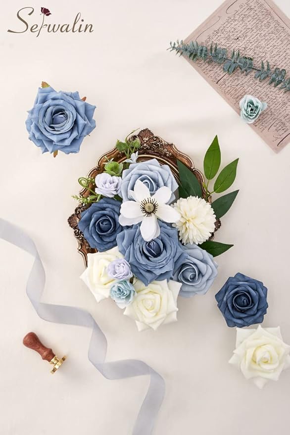 Serwalin Artificial Flowers, Dusty Blue Silk Fake Flowers Cake Flower for Wedding Bouquet Table Centerpieces Arrangements Party Baby Shower Home Decor Floral Arrangement