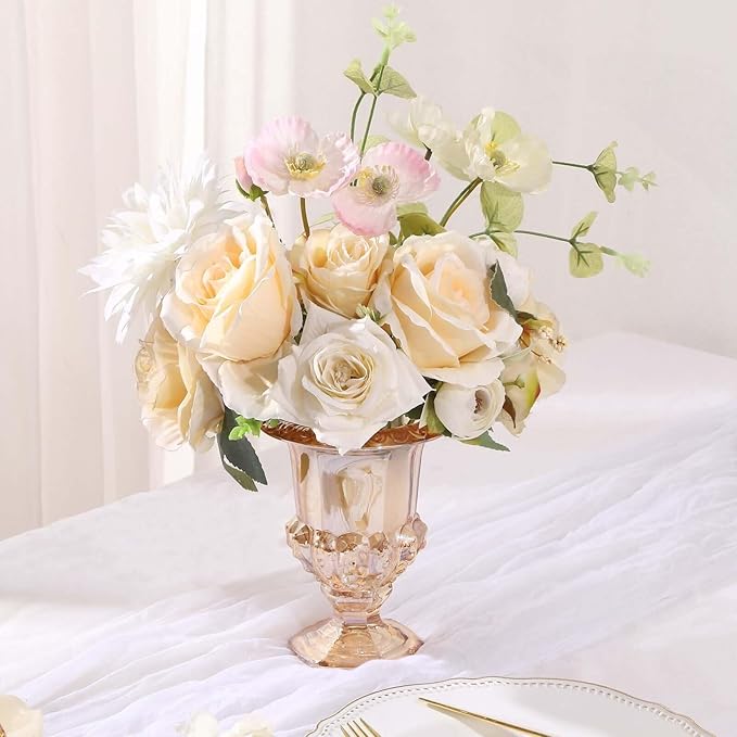 Efavormart 2 Pack Classic Roman Urn Style Amber Glass Flower Vases, Mini Pedestal Vase Table Centerpieces - 6"