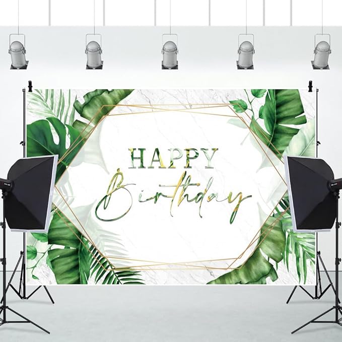 ChloropLastid 15x10ft Tropical Happy Birthday Backdrop Summer Green Palm Leaf Photography Background Hawaiian Birthday Party Banner Decorations for Men Women Portrait Photoshoot Props Supplies