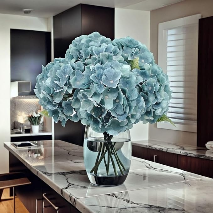 2Bouquets Artificial Fake Flowers Plants Silk Hydrangea Arrangements Wedding Bouquets Decorations Plastic Floral Home Kitchen Garden Party Festival Bar DIY (Blue Haze, 5 Flower Heads)