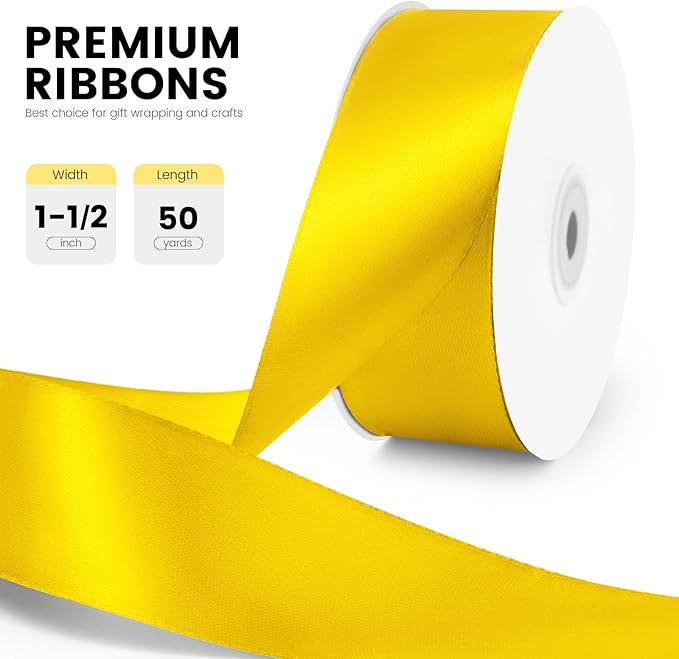 1-1/2" x 50 Yards Satin Ribbon - Yellow Silk Ribbon with Spool - Ideal for Gift Wrapping, Floral Bouquets, Crafts, Wedding Party Decorations, Christmas and Sewing Projects